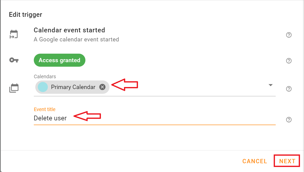 Select Primary Calendar in Calendars. Type Delete user in the Event title