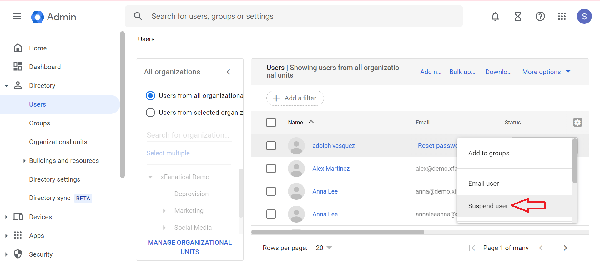 Select a user, then click More options Suspend user
