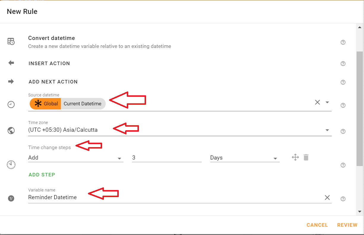 Select the Current Datetime variable in the Source datetime field