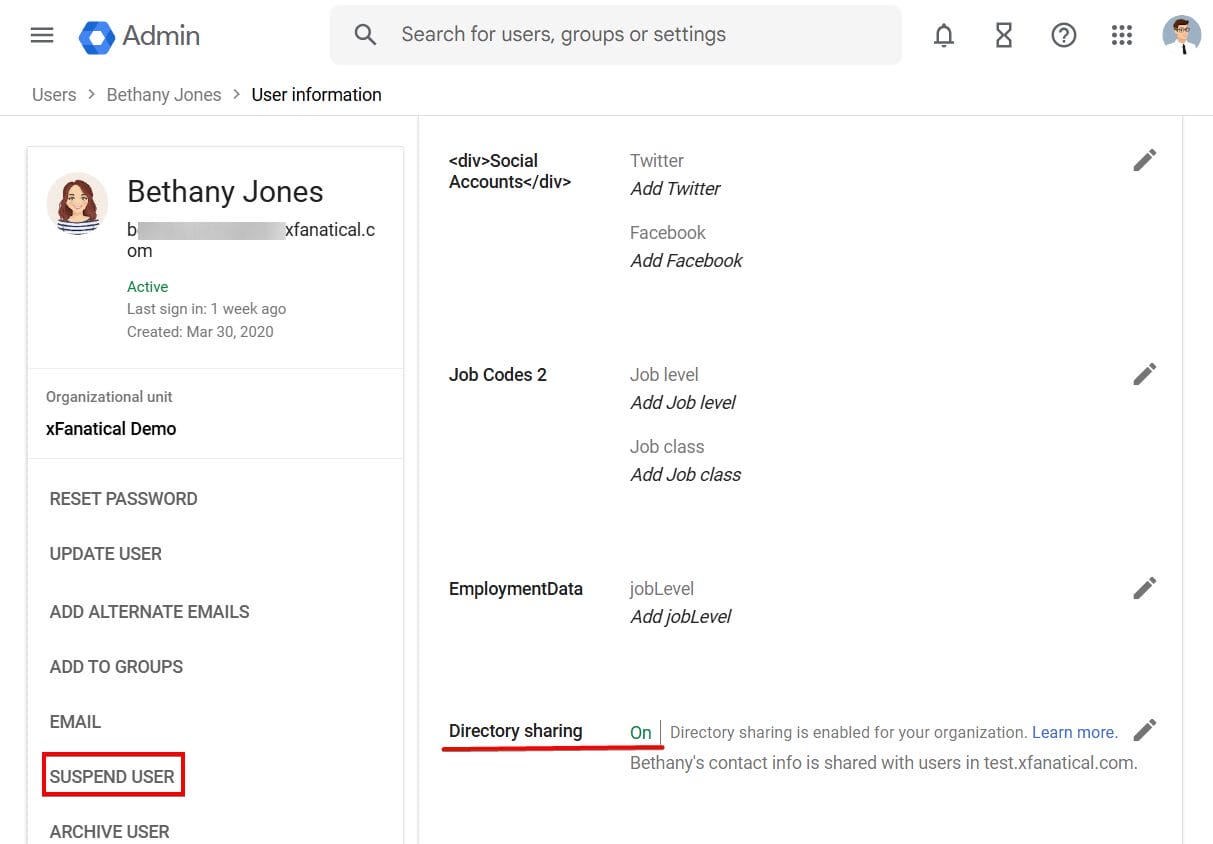 The Google Admin's interface to suspend a active user.