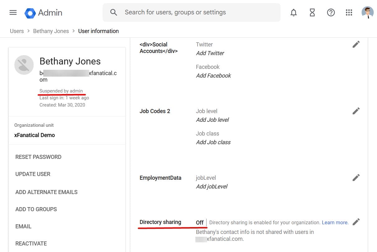 The Google Admin's interface to check suspended user directory sharing status