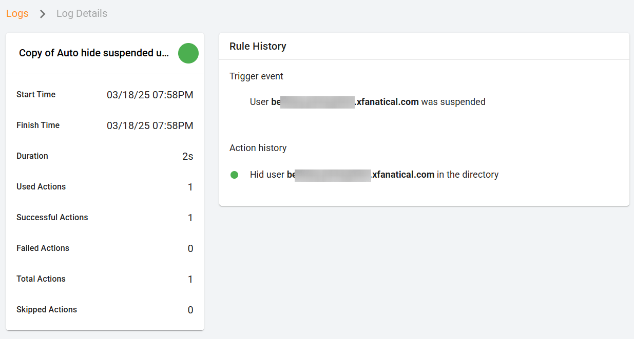The rule automation history in xFanatical Foresight, including the automation data, trigger event and action history.