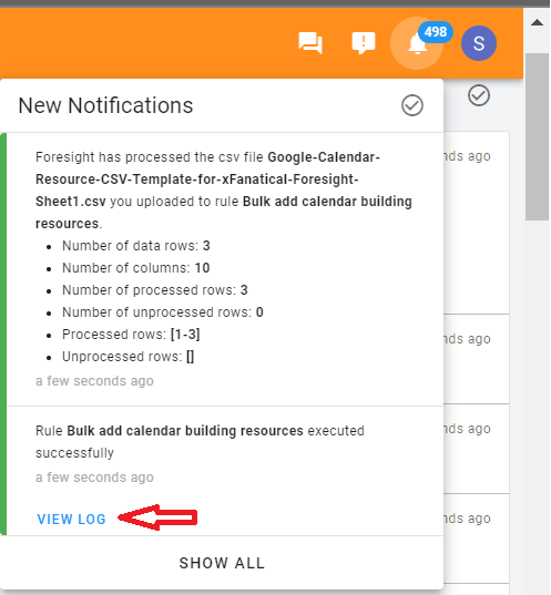 To view notifications, click the notification icon at the top-right corner, then select View log