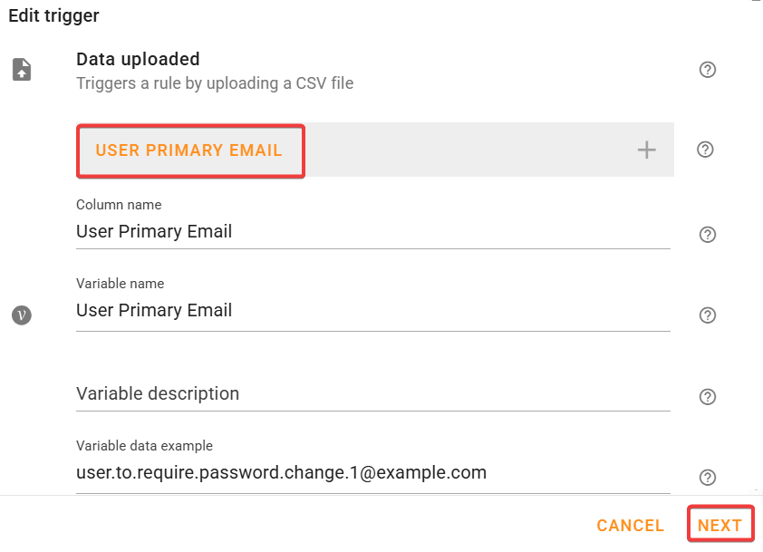 Configure the data uploaded trigger for bulk require password changes for users rule