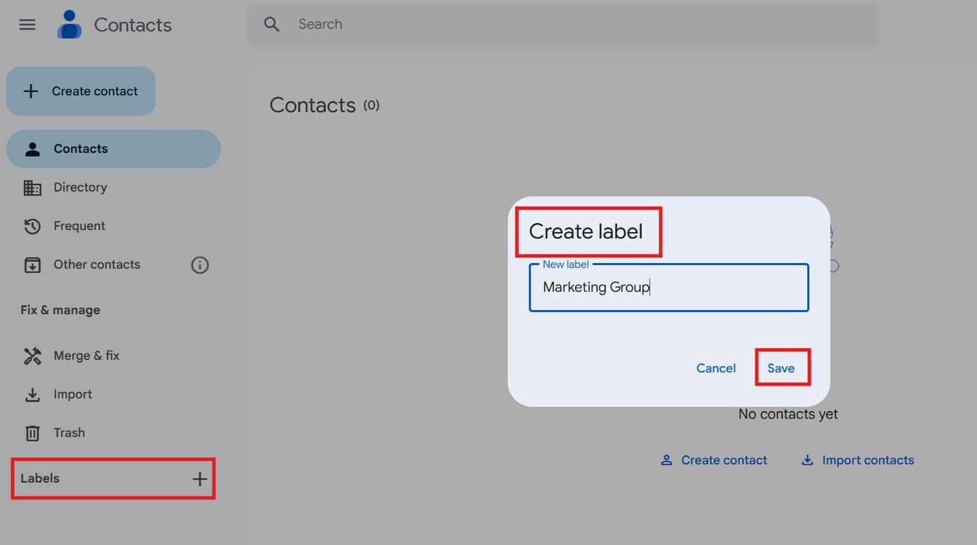 Google contact Create Labels