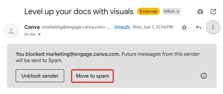 Move to spam screen