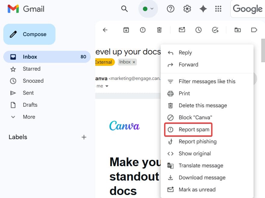 Report spam on Gmail