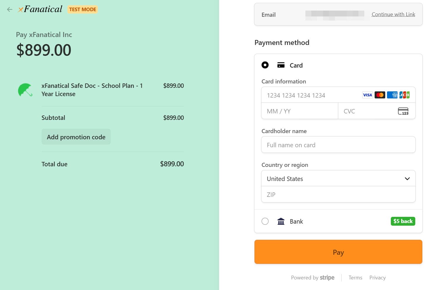 Stripe checkout page for xFanatical Safe Doc annual license purchase