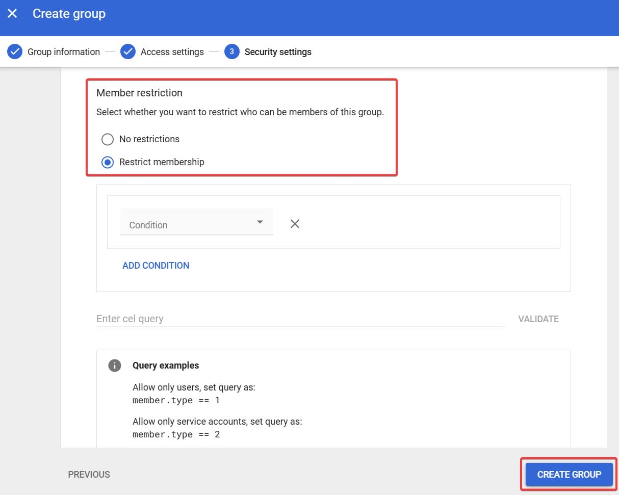 Create group by providing security settings
