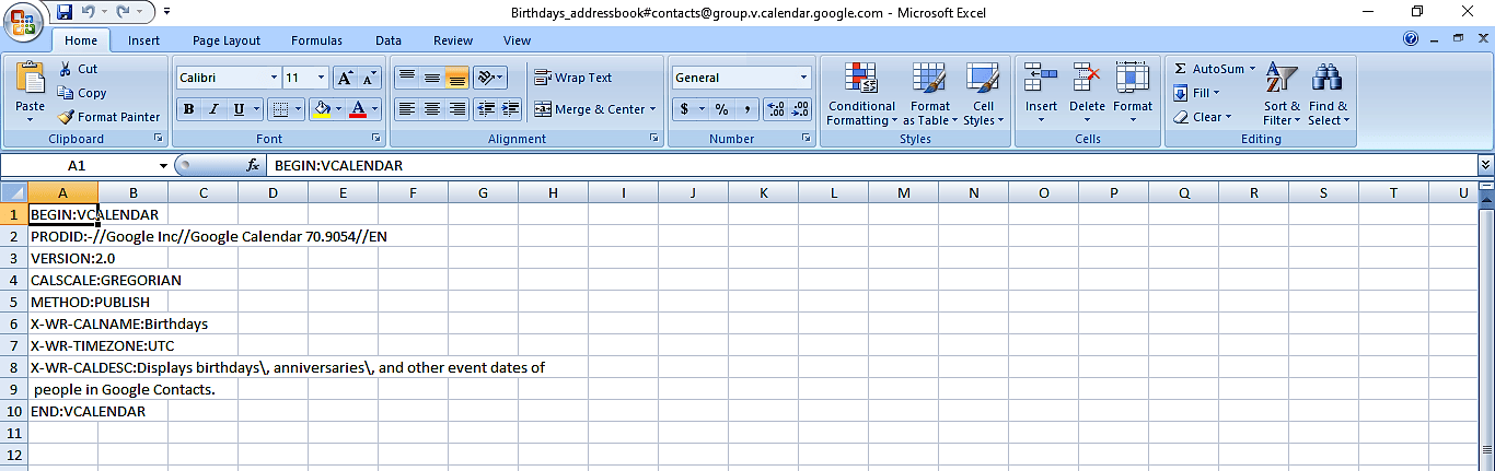 Calendar data exported into an Excel file.