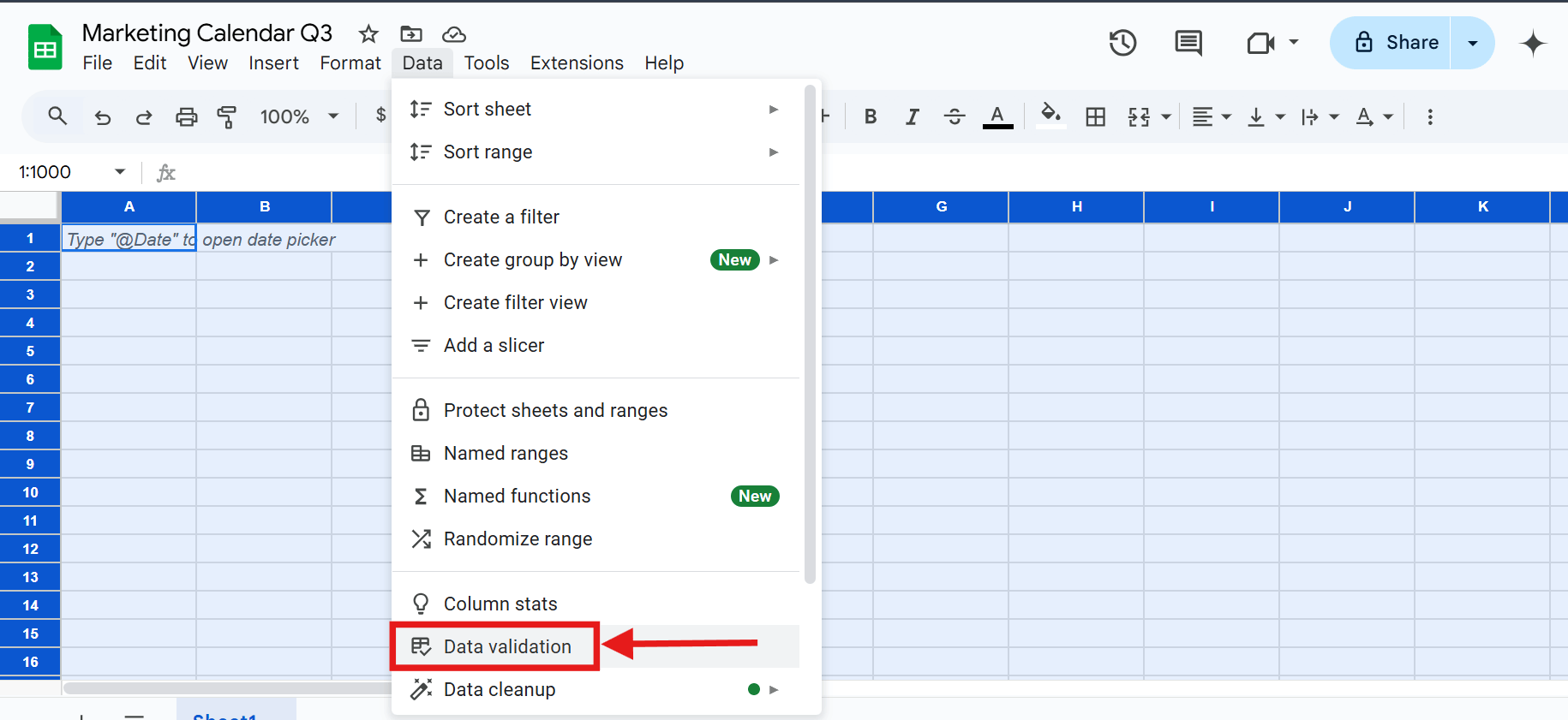 Data validation option in Google Sheets