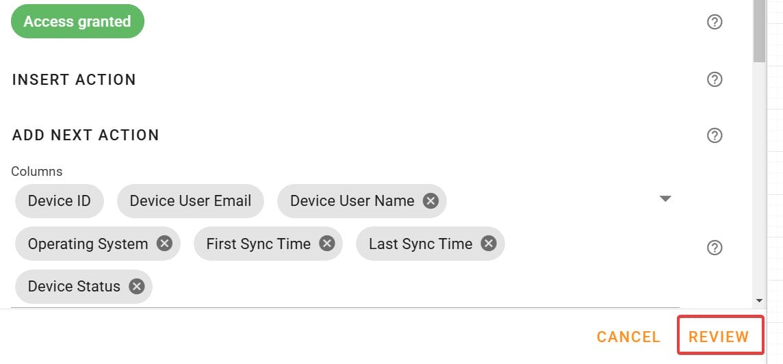 List Mobile Device Action Screen to click Review button at the bottom