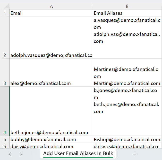 Next, open the CSV file and add multiple email aliases for the users
