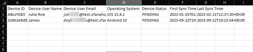 CSV file of PENDING mobile devices of the organization.