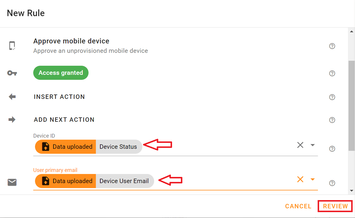 Select Device Status in the Device ID field and Device User Email in the User Primary Email field. Click Review