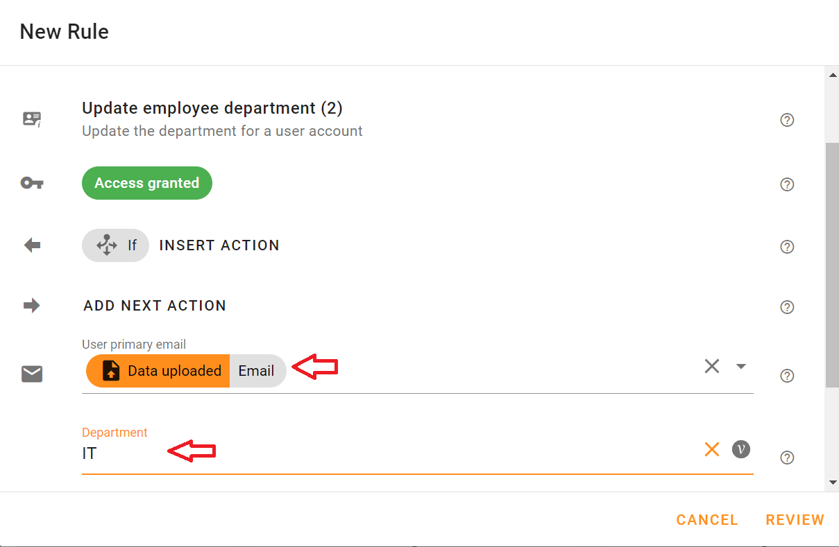 Select Email in the User primary email and IT in the Department field