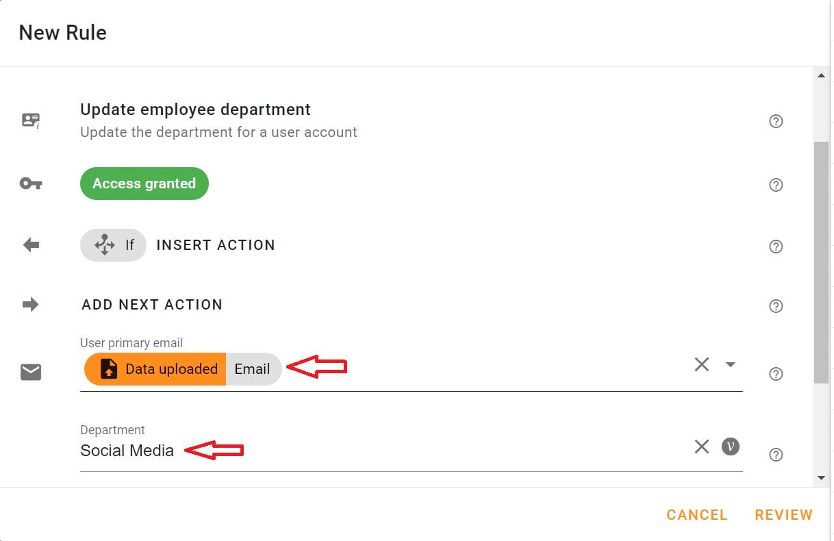 Select Email in the User primary email and Social Media in the Department field