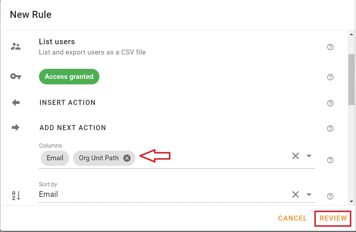 Specify the columns, such as - Email, Org Unit Path columns, Leave the rest of the things as default