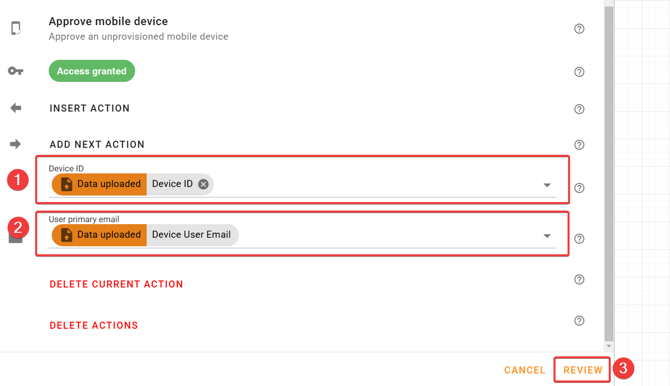 Action of Approve mobile device screen configuring device id, user primary email and review button at bottom