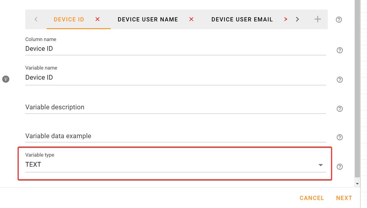 Device Id Column variable type as Text.