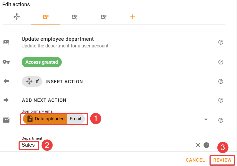 Configure update employee information action for bulk update department information by user's organizational units rule.