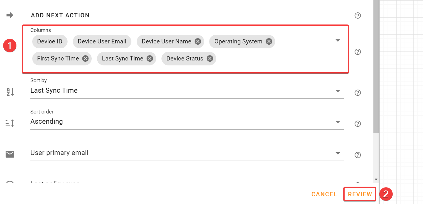 List mobile device action configuring columns with Review button at bottom