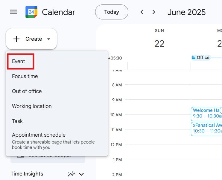 Google Calendar create event.