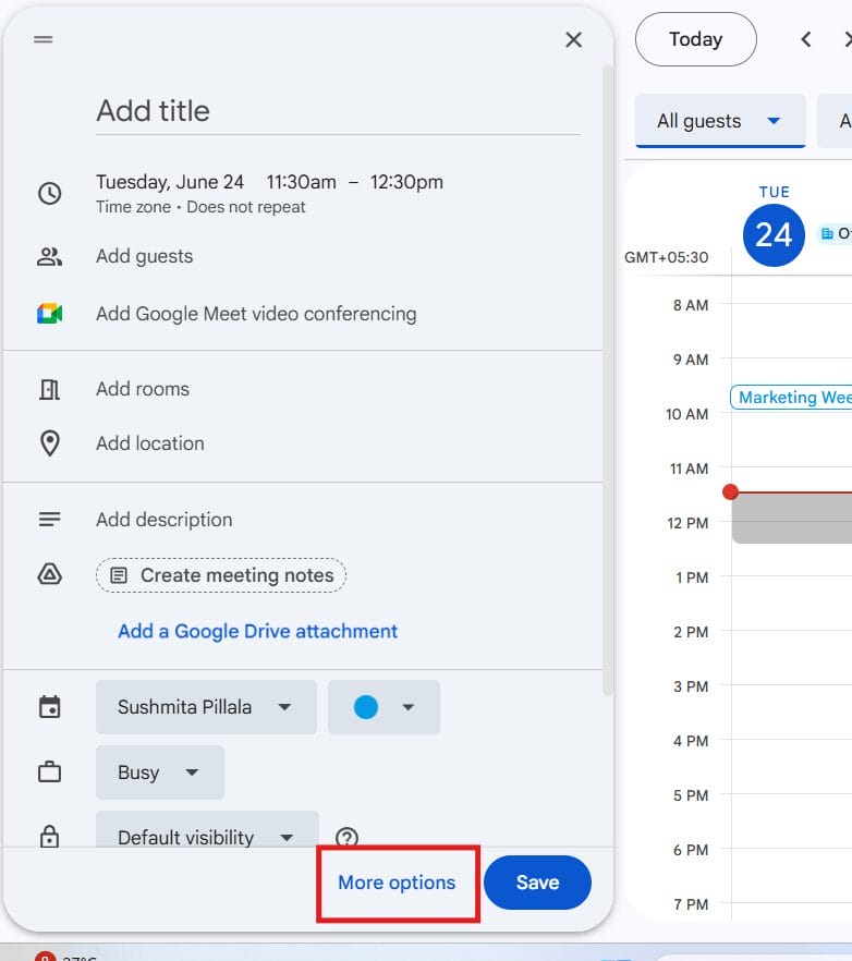 Google Calendar more option
