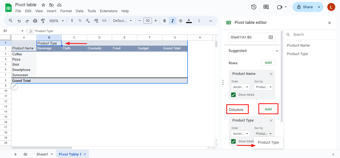 Add the column with Fundamentals of Pivot Tables in Google Sheets article