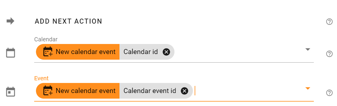 select the Calendar id variable for the Calendar field, and select the Event id for the Event field