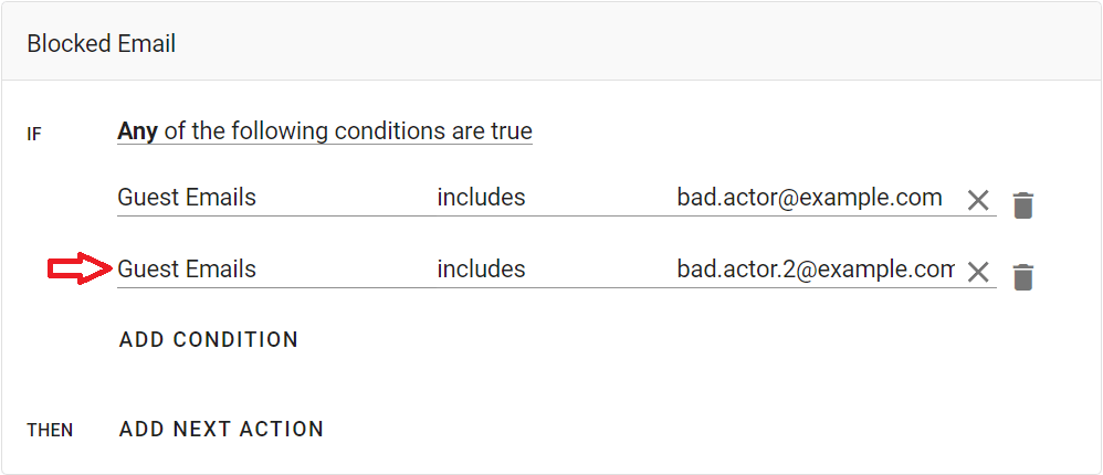 To add more bad actors, click Add condition, and select Any of the following conditions are true