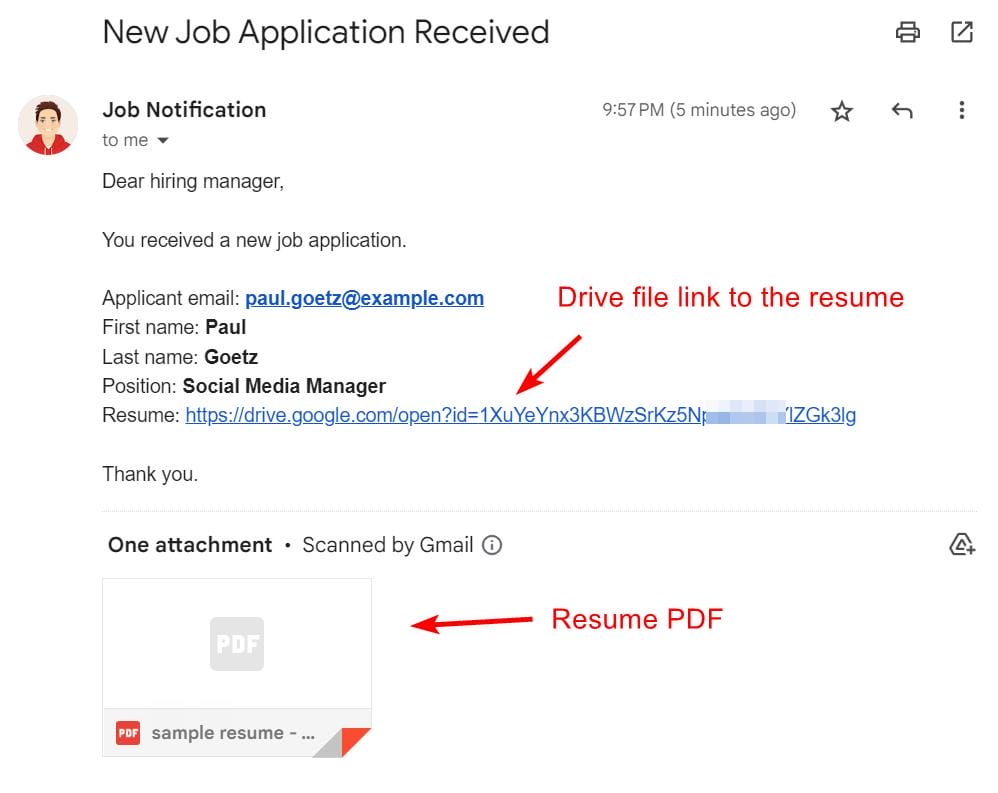 Automated email notification to a hiring manager with the resume file attached, when a job applicant submits a response in a job application Google form