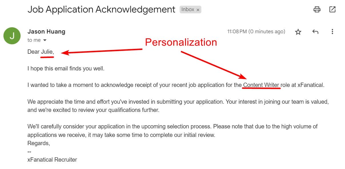 Automated personalized form submission confirmation email powered by xFanatical Foresight
