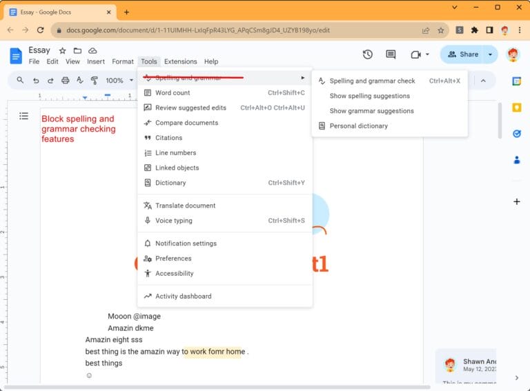 Block spelling checkin features in Google Docs by xFanatical Safe Doc