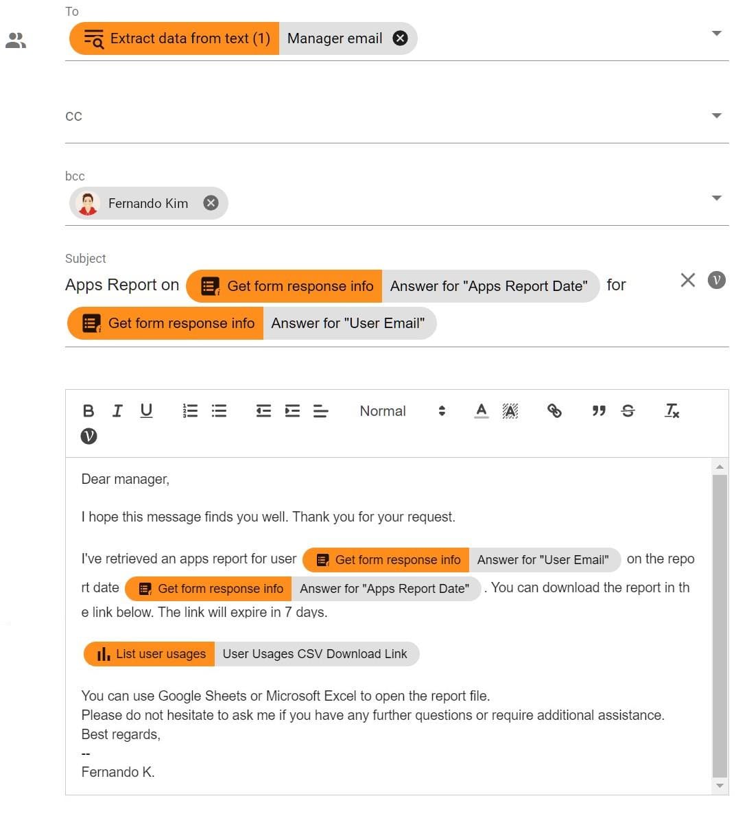 Edit actions  Email screen