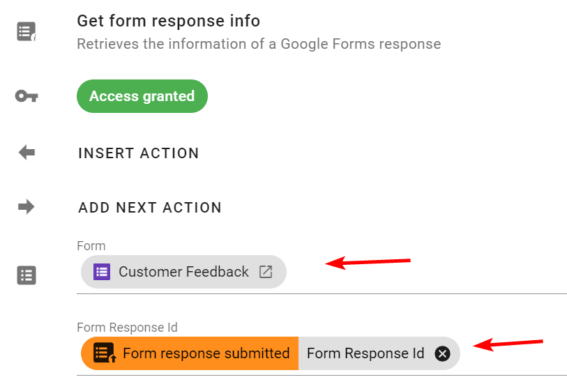 In the Edit action  Get form response info screen