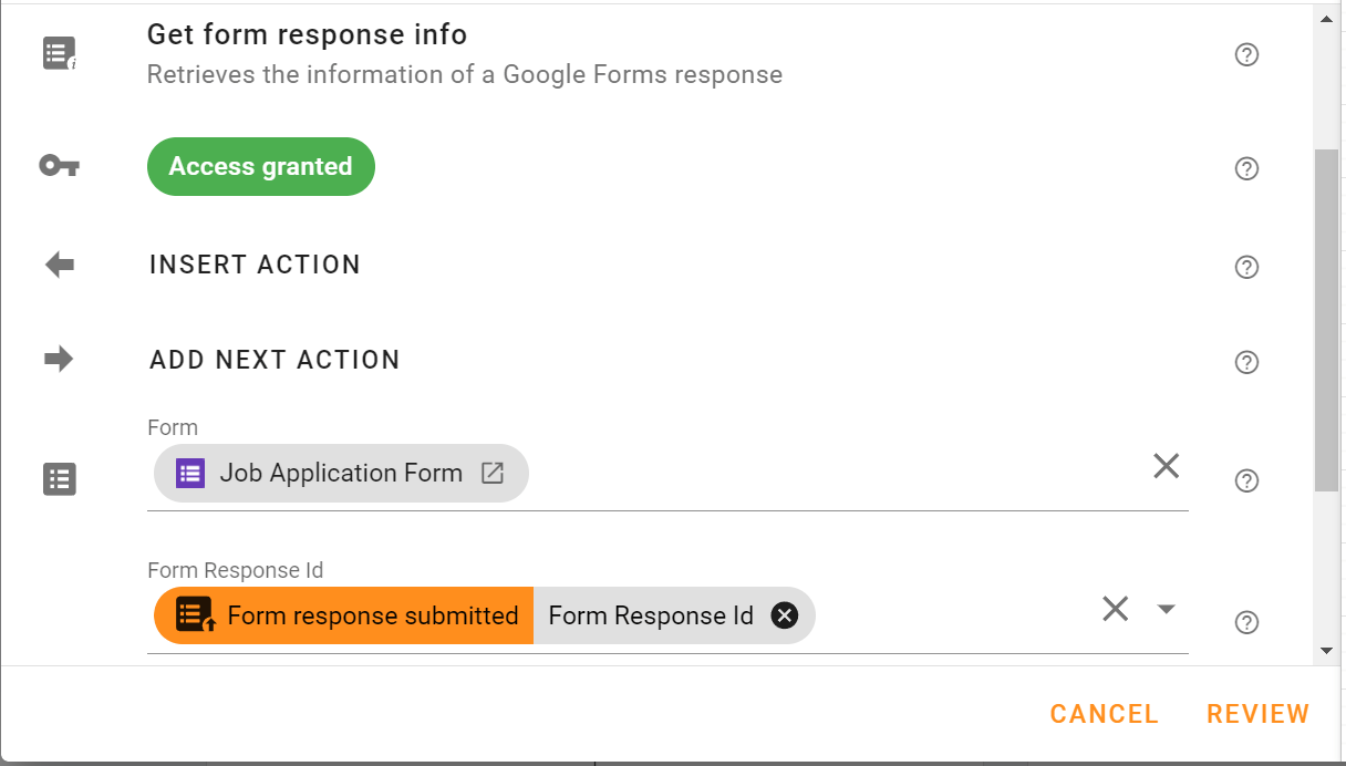 In the Edit actions Get form response info screen