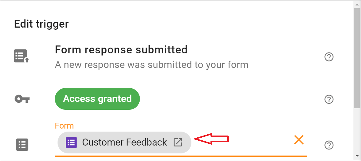 In the Edit trigger  Form response submitted screen, Form field, click and select a Google form