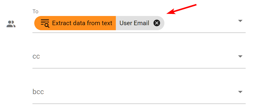 In the Email action screen's To field, select the new variable from the Extract data from text
