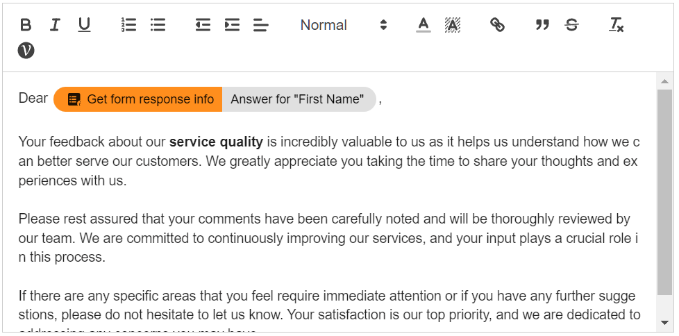 In the Email body field, enter the email template for the Service quality