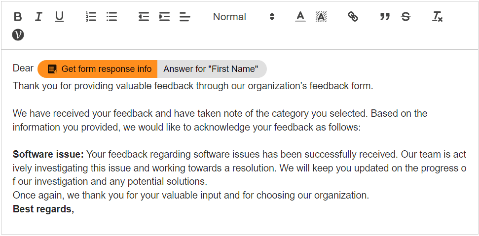 In the Email body field, enter the email template for the Software issue type of feedback