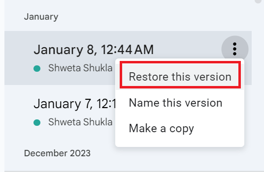 From the dropdown menu, select Restore this version