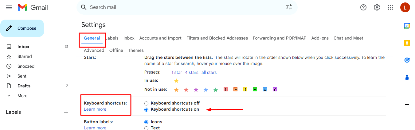 select Keyboard shortcuts on