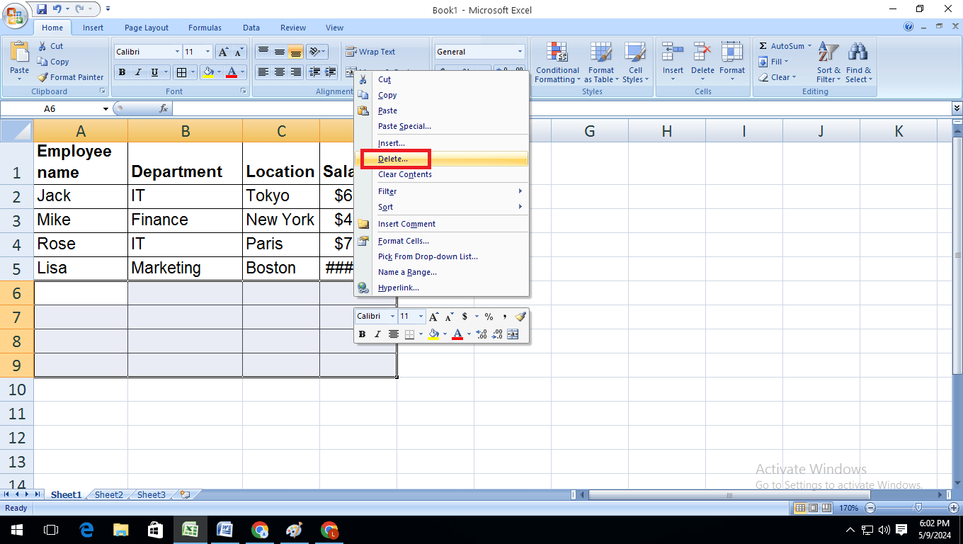 Delete blank rows in Excel – click Delete