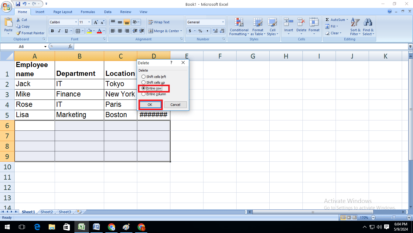 Delete blank rows in Excel – select Entire row and click OK