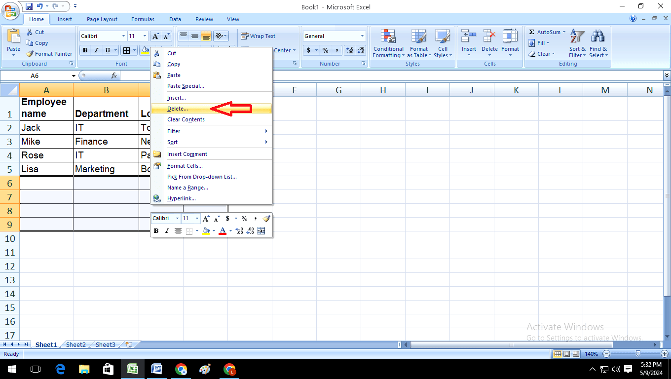 Delete blank rows in Excel –click Delete