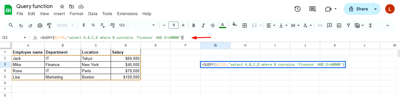 Google Sheets QUERY function for AND operator