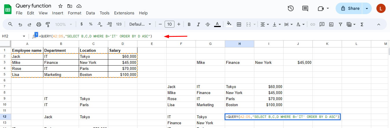 Google Sheets QUERY function – Ascending order