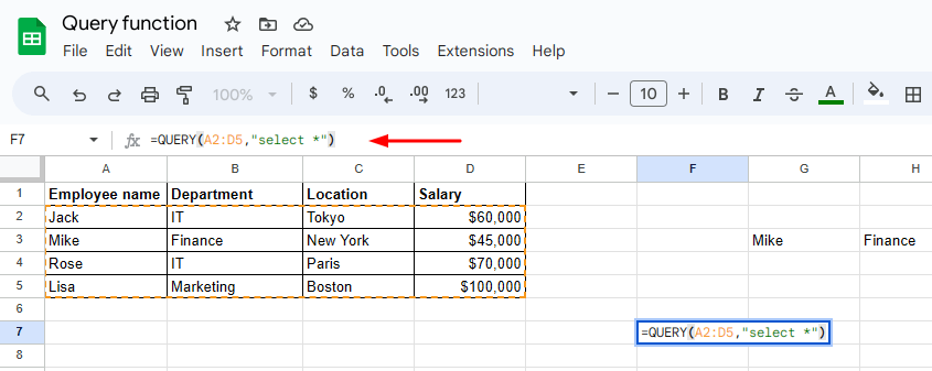 Google Sheets QUERY function – select all the columns
