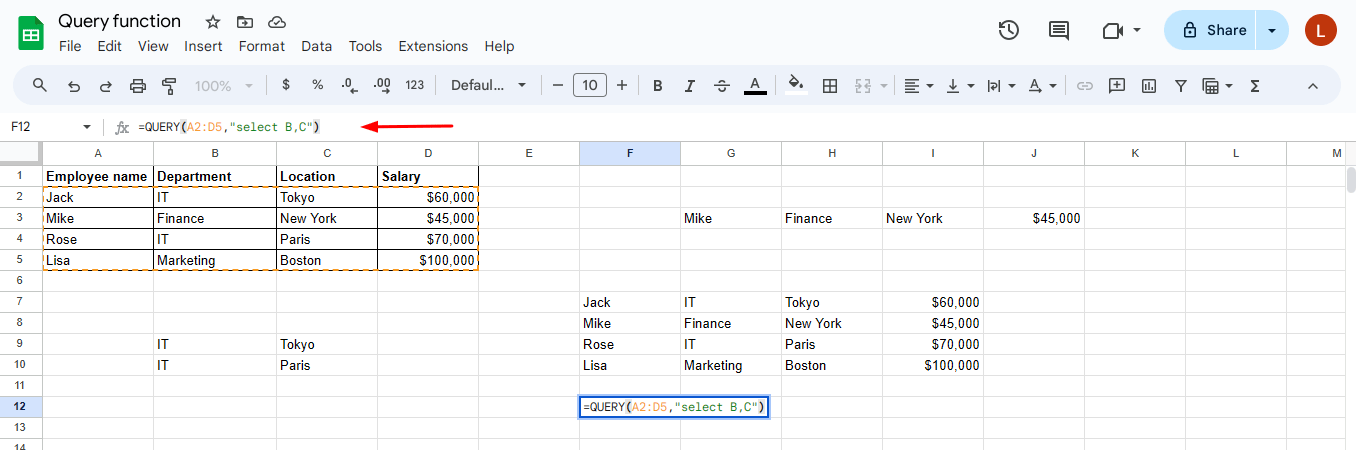 Google Sheets QUERY function – selecting multiple columns
